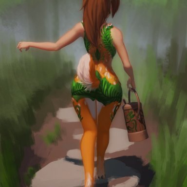 kirena-kaya, treesong, animal humanoid, cervid, dryad, humanoid, mammal, anthro, big butt, butt, clothed, clothing, cloven hooves, dappled fur, detailed background
