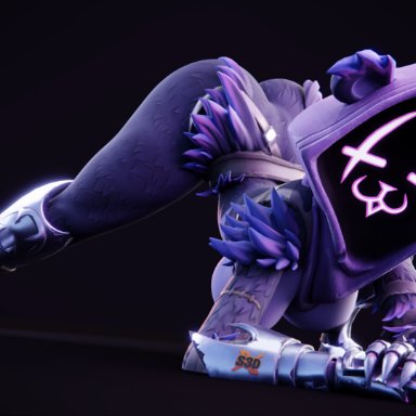 shachath3d, raven team leader, epic games, fortnite, bear, mammal, anthro, ass up, breasts, eye scar, eyes closed, facial scar, female, jack-o' pose, pose