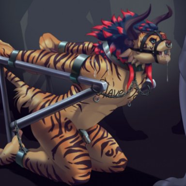 crazydonkey, background character, guild wars, charr, felid, mammal, 4 ears, 4 toes, ambiguous gender, ankle cuffs, ankles tied, anthro, arms tied, bdsm, belly