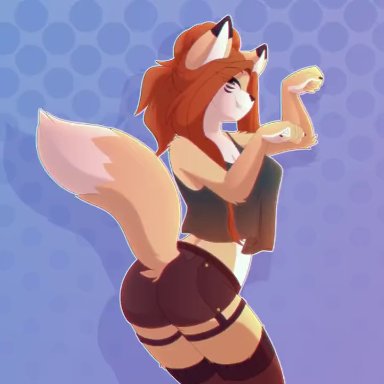 eipril, sound warning, elisabeth (eipril), canid, canine, fox, mammal, 5 fingers, 720p, <3, abstract background, anthro, biped, black bottomwear, black clothing