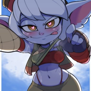 brachyzoid, tristana (lol), league of legends, riot games, humanoid, yordle, 4 fingers, <3, blush, blush lines, bodily fluids, bra, breasts, clothed, clothing