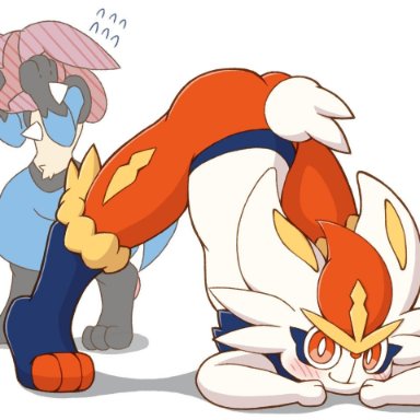acky05, jack-o crouch, nintendo, pokémon, cinderace, lucario, pokémon (species), <3, ambiguous gender, anthro, ass up, blush, butt, covering, covering eyes