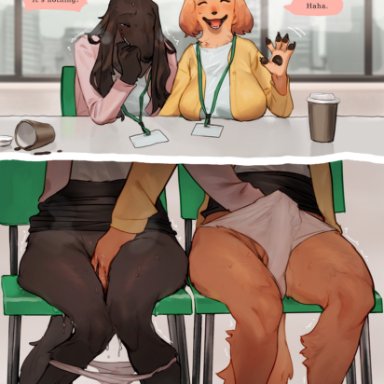 bebebebebe, canid, canine, canis, domestic dog, mammal, anthro, balls, balls in underwear, blush, bodily fluids, breasts, brown body, brown fur, chair