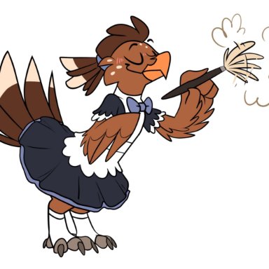 piemations, pretzel (piemations), avian, 4 toes, anisodactyl, anthro, apron, blush, bow tie, brown body, brown feathers, cleaning tool, clothed, clothing, crossdressing