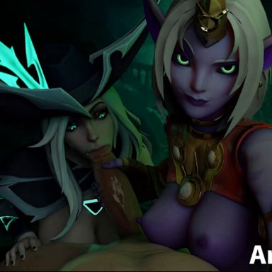 arawaraw, miss fortune (lol), soraka, league of legends, riot games, horned humanoid, human, humanoid, mammal, areola, assisted fellatio, assisted oral, big breasts, big penis, bodily fluids