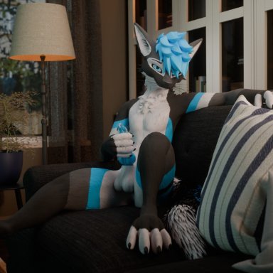 mrgaleo, blender (software), blender cycles, canid, canine, mammal, rexouium, anthro, balls, blue eyes, blue hair, bodily fluids, claws, cum, erection