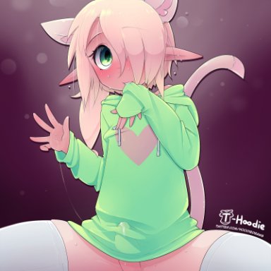 hoodie (artist), max (hoodie), elf, humanoid, 5 fingers, balls, biting clothing, bodily fluids, bottomless, clothed, clothing, clothing in mouth, cowlick, cum, cum on clothing