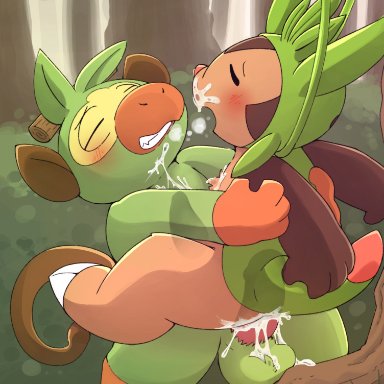gralicbutter, nintendo, pokémon, chespin, grookey, pokémon (species), 2 toes, 3 toes, 4 fingers, accessory, anal, anal orgasm, anal penetration, anthro, anthro on anthro