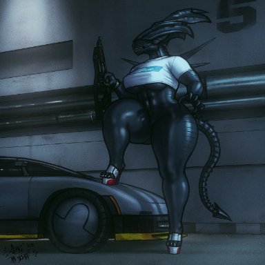 sligarthetiger, alien (franchise), alien, xenomorph, anthro, barely visible genitalia, barely visible pussy, bottomless, breasts, car, clothed, clothing, eyeless, female, fingers