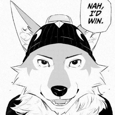 ixkouu, wendell (fortnite), epic games, fortnite, jujutsu kaisen, canid, canine, canis, mammal, wolf, anthro, clothed, clothing, dialogue, eyebrows
