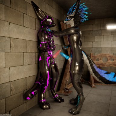 dragonplayer, dragonplayer (character), vapocute, blender (software), blender cycles, canid, canine, fox, mammal, rexouium, against surface, against wall, animal genitalia, animal penis, anthro