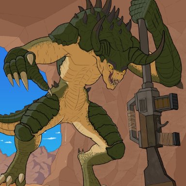dysart, bethesda softworks, fallout, fallout nv, deathclaw, monster, scalie, anthro, armor, armored tail, bandage, bedroom eyes, blue sky, bodily fluids, carapace