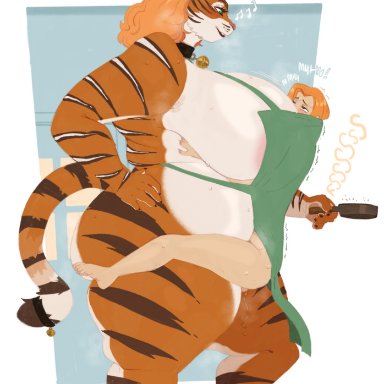 roly, felid, human, mammal, pantherine, tiger, anthro, apron, big breasts, big butt, blonde hair, bodily fluids, breasts, butt, clothing