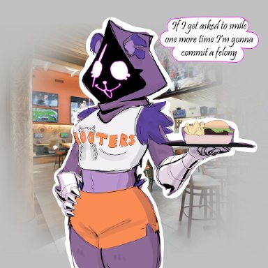 nedwardo, raven team leader, epic games, fortnite, hooters, bear, mammal, anthro, armor, bottomwear, burger, clawed gauntlets, clothing, crop top, crossover
