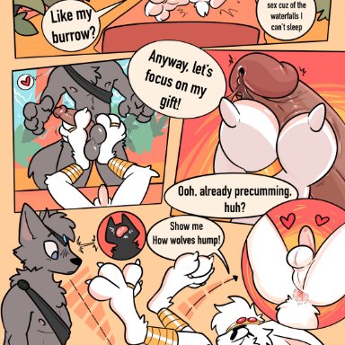xing1, king caspian (xing1), canid, canine, canis, lagomorph, leporid, mammal, rabbit, wolf, 4 toes, 5 panel comic, <3, anklet, anthro