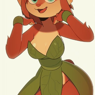 feliscede, elora, activision, spyro the dragon, faun (spyro), mammal, anthro, bent arm, bouncing, bouncing breasts, breasts, cleavage, clothed, clothing, curvy figure