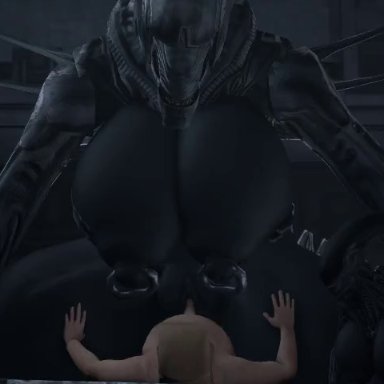 rayhuma, alien (franchise), alien, human, mammal, xenomorph, xenomorph queen, anthro, anthro penetrated, big breasts, big pussy, bouncing breasts, breasts, cowgirl position, duo