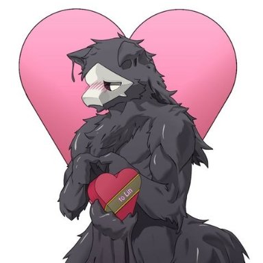 unknown artist, puro (changed), changed (video game), canid, canine, canis, goo creature, mammal, wolf, <3, anthro, black body, black fur, blush, box of chocolates