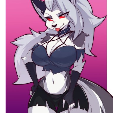 rook kawa, loona (vivzmind), helluva boss, canid, canid demon, demon, hellhound, mammal, anthro, black body, black fur, breasts, cleavage, clothed, clothing