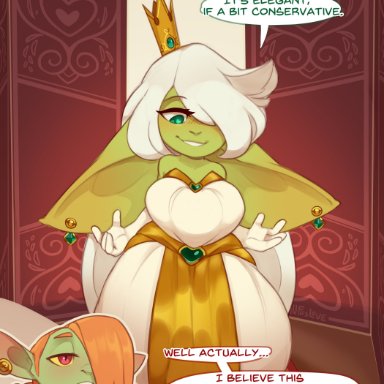 huffslove, button (huffslove), queen regina, goblin, humanoid, big ears, breasts, clothed, clothing, crown, detailed background, dialogue, dress, duo, ear piercing