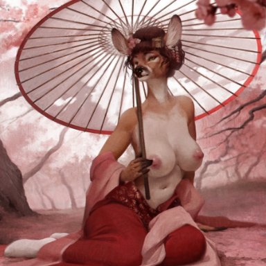 honovy, patreon, cervid, mammal, accessory, anthro, asian clothing, biped, black nose, breasts, cherry blossom, cherry blossom tree, cherry tree, clothed, clothing