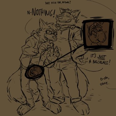 orf, james (videah), videah, canid, canine, canis, mammal, wolf, ?, age difference, anthro, anthro on anthro, bottomwear, chastity cage, chastity device