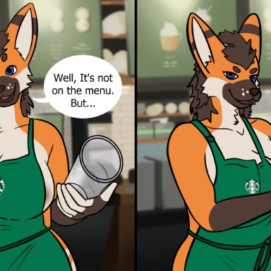 fourbythree, olsson, i mean breast milk, starbucks, canid, canine, mammal, maned wolf, anthro, apron, apron only, big breasts, blue eyes, bodily fluids, breasts