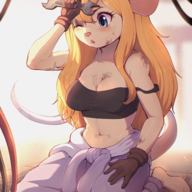 evomanaphy, gadget hackwrench, chip 'n dale rescue rangers, disney, mammal, mouse, murid, murine, rodent, 4 toes, 5 fingers, barefoot, black clothing, black topwear, blonde hair