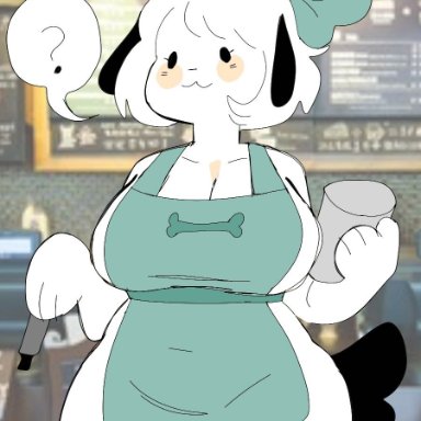 puppychan48, puppychan, i mean breast milk, starbucks, canid, canine, canis, domestic dog, mammal, :3, ?, accessory, anthro, apron, apron bow