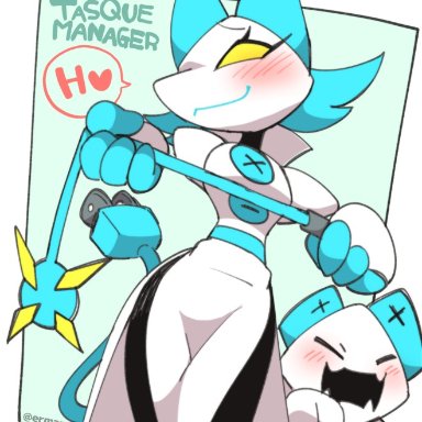 eromame, tasque, tasque manager, deltarune, felid, mammal, robot, anthro, biped, blush, clothed, clothing, duo, female, holding object