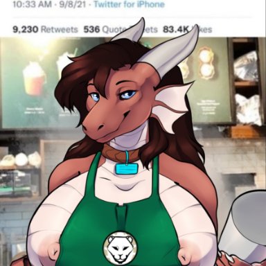 wolfhearts, liunkaya, i mean breast milk, starbucks, twitter, dragon, 6 breasts, anthro, apron, apron only, areola, big breasts, breasts, clothed, clothing