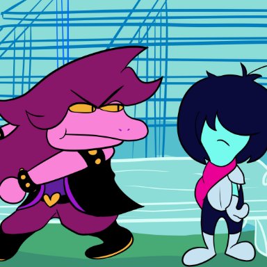 blackmore, kris (deltarune), susie (deltarune), deltarune, home movies, kris where are we, human, mammal, scalie, abstract background, anthro, crossover, duo, female, male