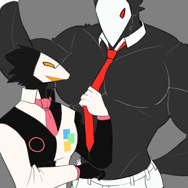 sparxel, swatch (deltarune), deltarune, avian, swatchling (deltarune), black body, black feathers, clothed, clothing, duo, feathers, grey background, male, mask, muscular