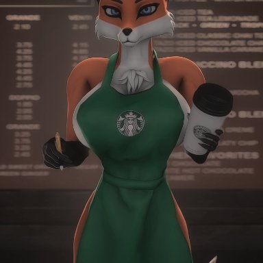 gold97fox, alice (gold97fox), i mean breast milk, source filmmaker, starbucks, canid, canine, fox, mammal, red fox, 5 fingers, anthro, apron, apron only, black body