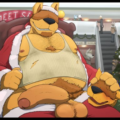 delirost, background character, deli (delirost), vic (delirost), christmas, canid, canine, canis, domestic dog, mammal, anthro, anthro on anthro, balls, beard, belly