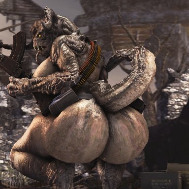 darkflash23, bethesda softworks, fallout, source filmmaker, deathclaw, scalie, anthro, big breasts, big butt, breasts, brown body, brown scales, bullet, butt, crouching