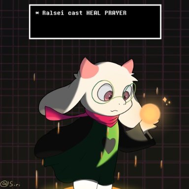 sirikakire, ralsei, deltarune, tobyfox, casting spell, clothed, clothing, eyewear, glasses, heart print, holding object, horn, long ears, looking at object, magic user