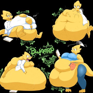 jackheretherealone, alphys, undertale, lizard, reptile, scalie, after vore, ambiguous gender, anthro, anthro focus, barefoot, belly, belly expansion, belly overhang, big belly