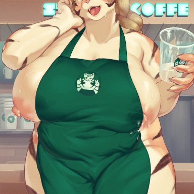 morokko, i mean breast milk, felid, mammal, pantherine, tiger, anthro, apron, apron only, areola, big breasts, blonde hair, breasts, clothing, cup