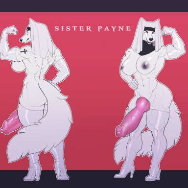 blazingifrit, sister payne, canid, canine, canis, mammal, wolf, abs, animal genitalia, animal penis, anthro, areola, arm tattoo, back muscles, biceps