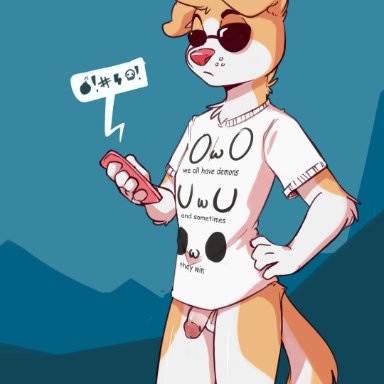 conditional dnp, elijah-draws, canid, canine, canis, domestic dog, mammal, anthro, balls, bottomless, cellphone, circumcised, clothed, clothing, eyewear