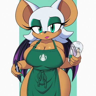 omegasunburst, rouge the bat, i mean breast milk, sega, sharpie, sonic the hedgehog (series), chiropteran, mammal, anthro, apron, apron only, big breasts, breasts, cleavage, clothed