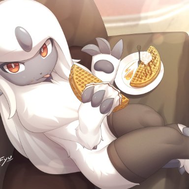 zinfyu, lute (zinfyu), nintendo, pokémon, absol, pokémon (species), 3 fingers, anthro, blep, brown eyes, clothing, cutlery, dairy products, eating, female