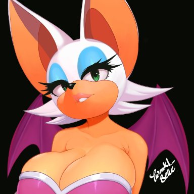 twinkl belle, rouge the bat, sega, sonic the hedgehog (series), chiropteran, mammal, anthro, armor, arms under breasts, armwear, bare shoulders, big breasts, big ears, black background, black nose