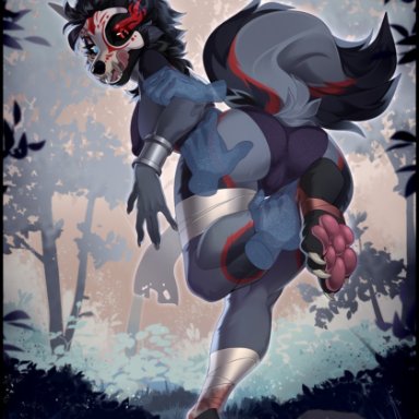 bastika, esdeath, abyssal wolf, canid, canine, canis, mammal, wolf, 4 toes, 5 fingers, anthro, breasts, clothed, clothing, day