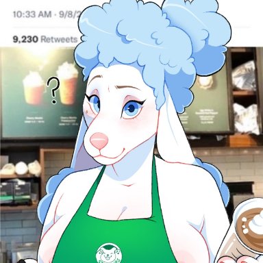 covepalms, i mean breast milk, canid, canine, canis, domestic dog, mammal, poodle, 4 fingers, ?, anthro, apron, apron only, areola, areola slip