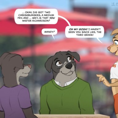 zaush, canid, canine, mammal, age difference, anthro, blue eyes, eyewear, female, glasses, hooters uniform, male, male/female, married couple, text