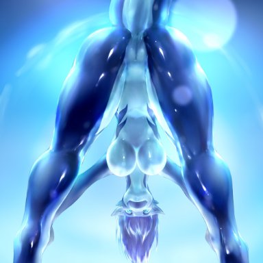 equus, dragon, abstract background, anthro, anus, bent over, blue body, blue eyes, blue hair, blue scales, butt, female, genitals, glistening, glistening body