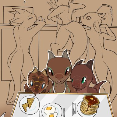 privvys-art, inkwell, kobold, scalie, anthro, apron, apron only, biped, blep, blue eyes, bread, breasts, brown body, clothing, cooking