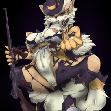 ggrimmfield, nintendo, pokémon, arcanine, canid, canine, mammal, pokémon (species), anthro, breasts, clothed, clothing, female, fur, genitals